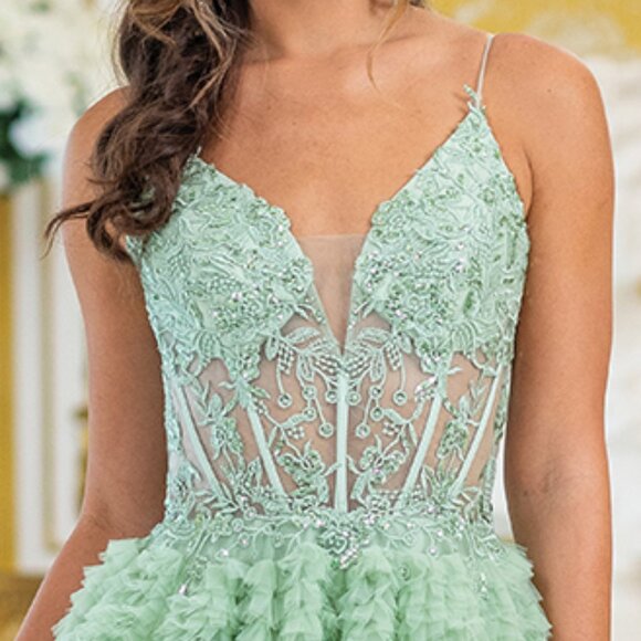 New Maxi Ruffled Sage Semi Ball Gown w/ Floral Bodice & Lace Up Back DQ 4476 - Picture 4 of 8